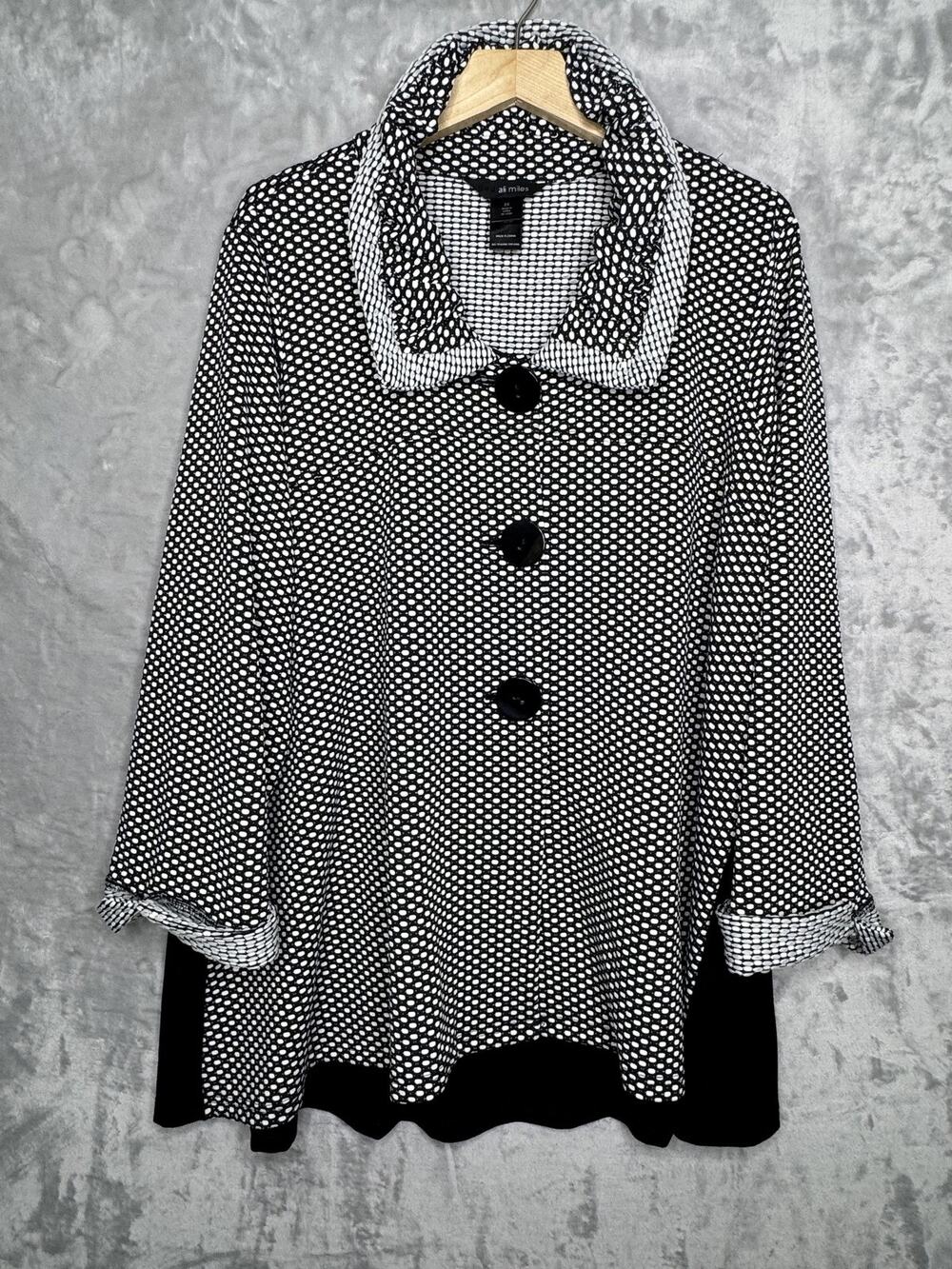Ali Miles Jacket Womens 2X Black White Polka Dot Ruffle Collar 3/4 Sleeve Knit
